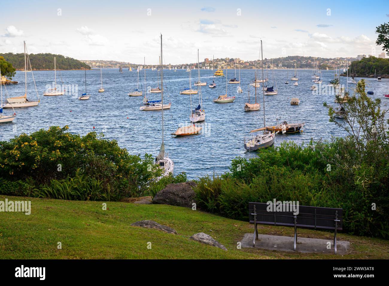 Pleasure boats moored in Mosman Bay on a sunny evening, Sydney harbour, Australia Stock Photo