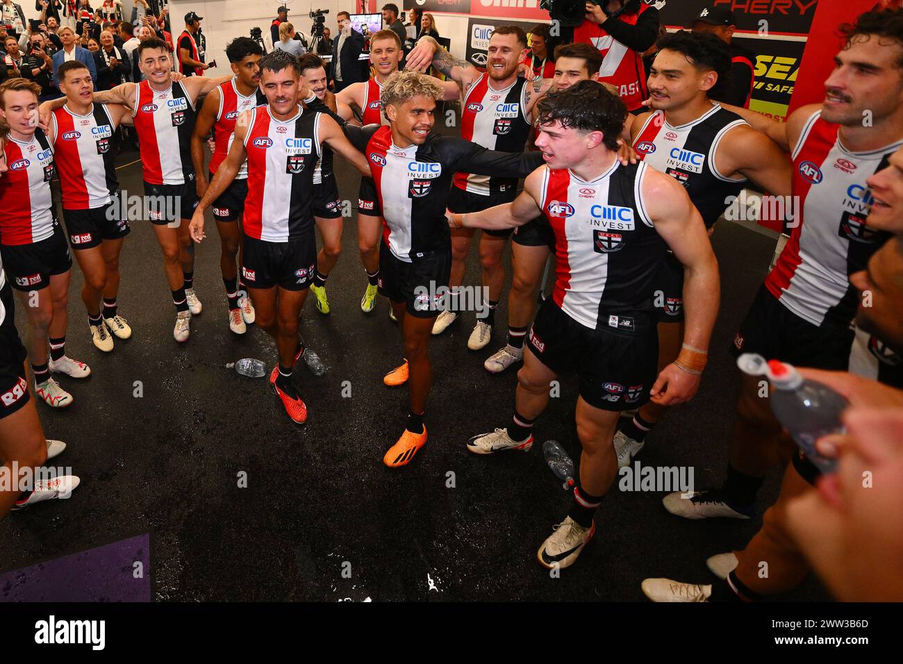 Melbourne, Australia. 21st Mar, 2024. Riley Bonner, Liam Henry and Darcy Wilson of the Saints