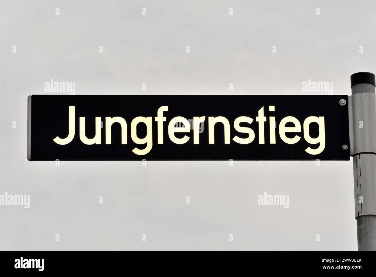 A street sign with the inscription 'Jungfernstieg' in clear, black letters, Hamburg, Hanseatic City of Hamburg, Germany Stock Photo