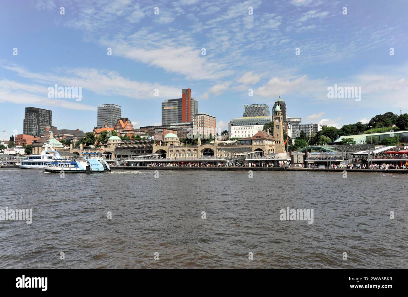 City view with modern skyline and riverbank, boats are moored on the shore, Hamburg, Hanseatic City of Hamburg, Germany Stock Photo