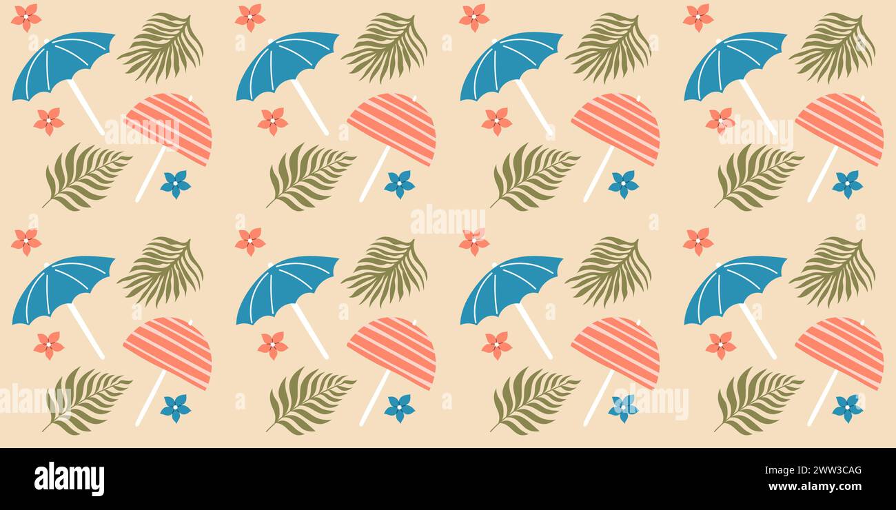 Handdrawn seamless pattern with beach umbrella and palm leaves. Vector ...