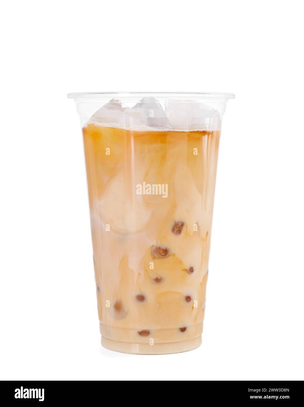 Plastic cup of fresh iced coffee isolated on white Stock Photo