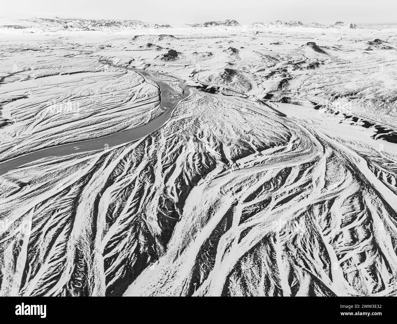 Overgrown river landscape, onset of winter, Fjallabak Nature Reserve, drone image, black and white image, Sudurland, Iceland Stock Photo