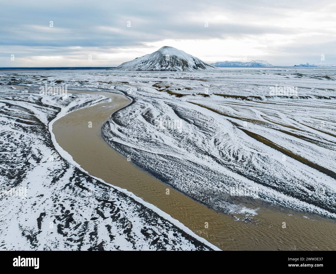 Overgrown river landscape, onset of winter, volcanic hills, Fjallabak Nature Reserve, drone shot, Sudurland, Iceland Stock Photo