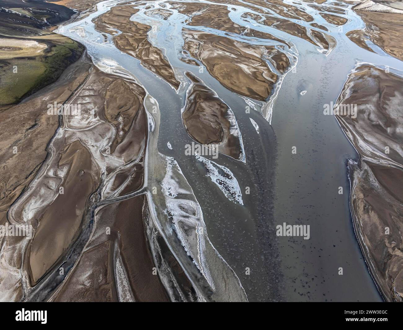 Overgrown river landscape, drone shot, Fjallabak Nature Reserve, Sudurland, Iceland Stock Photo