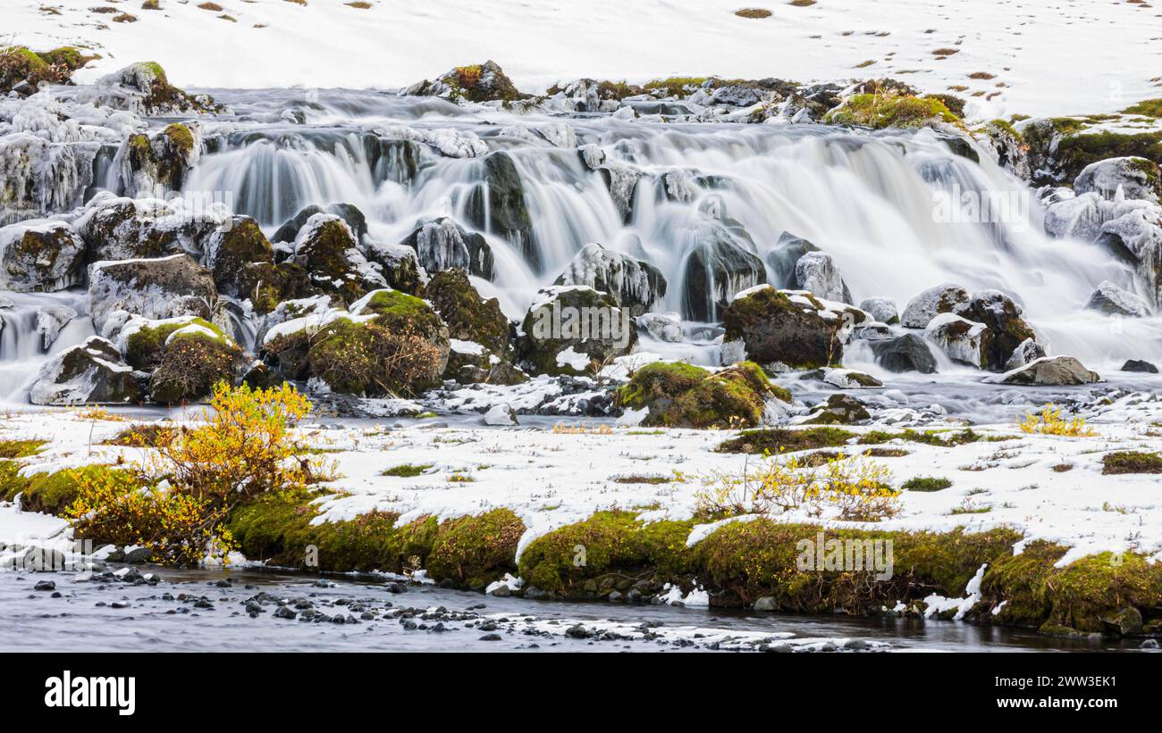 Small waterfall, onset of winter, Fjallabak Nature Reserve, Sudurland, Iceland Stock Photo