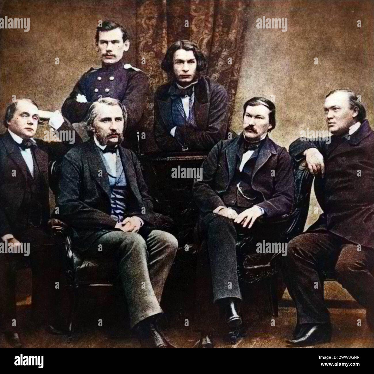 From left to right, from top: Leo Tolstoi and Dimitri Grigorovich. Sitting, Ivan Alexandrovich Goncharov, Ivan Sergeevich Turgenev, Alexander Vasilievich Drushinin and Alexander Nikolaievich Ostrovsky. They are the editors of the magazine 'Le contemporain' Stock Photo