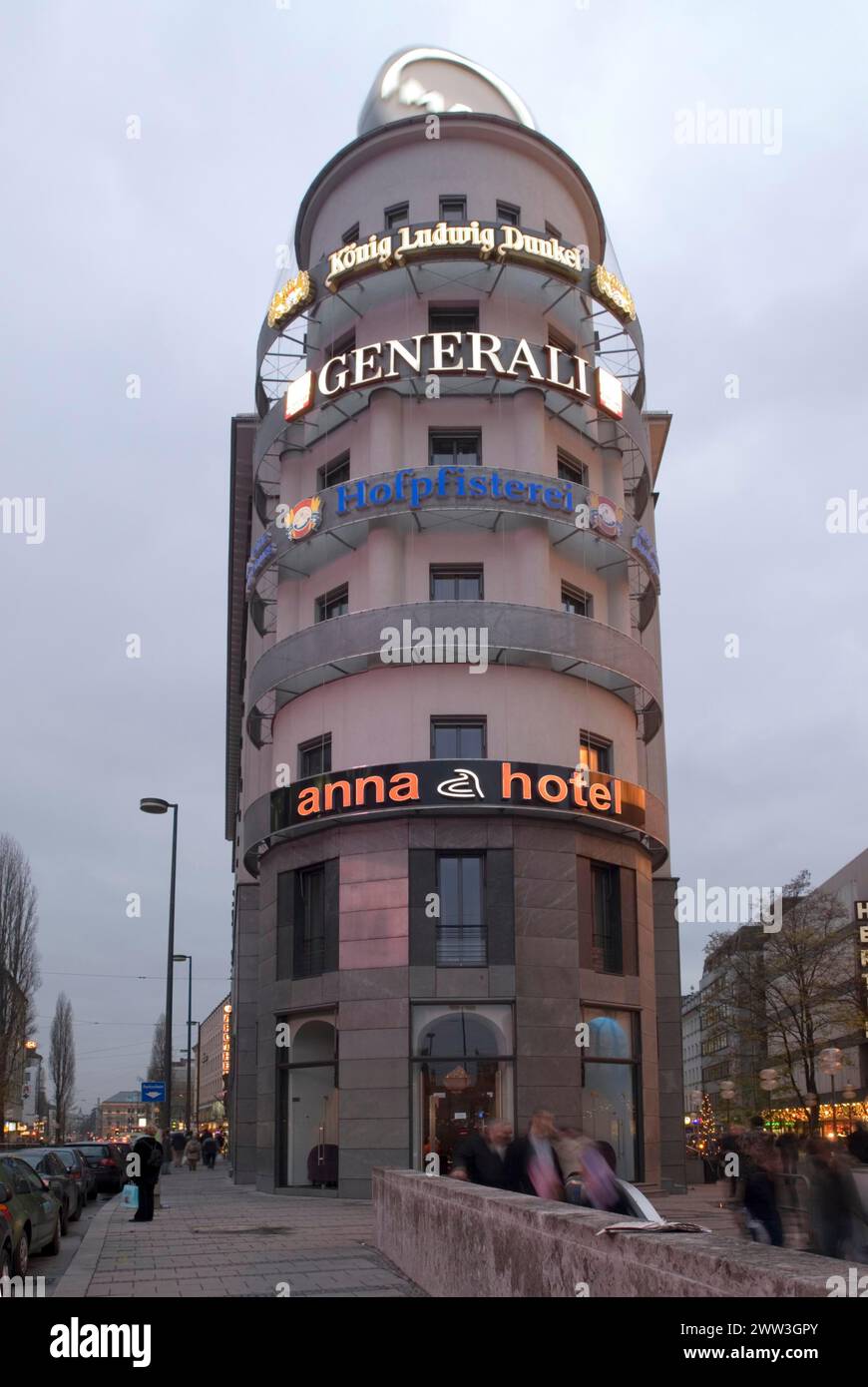 4 star Hotel Anna and neon lights of Generali Munich Bavaria Germany Stock Photo