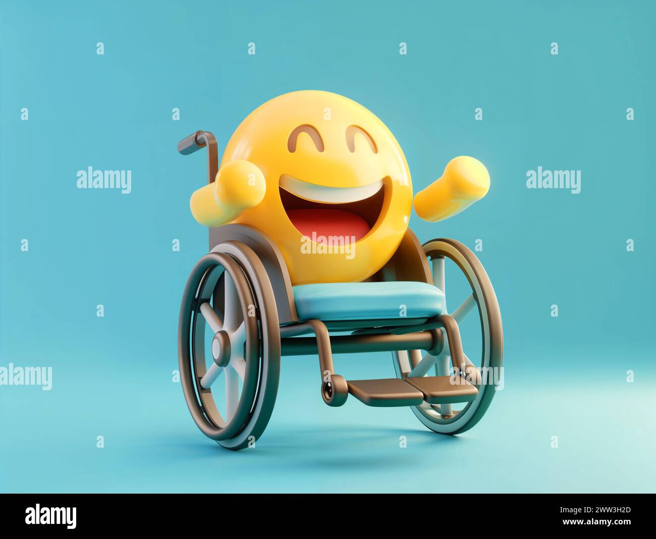 3d emoji in a wheelchair emoticon symbol icon on blue background Stock