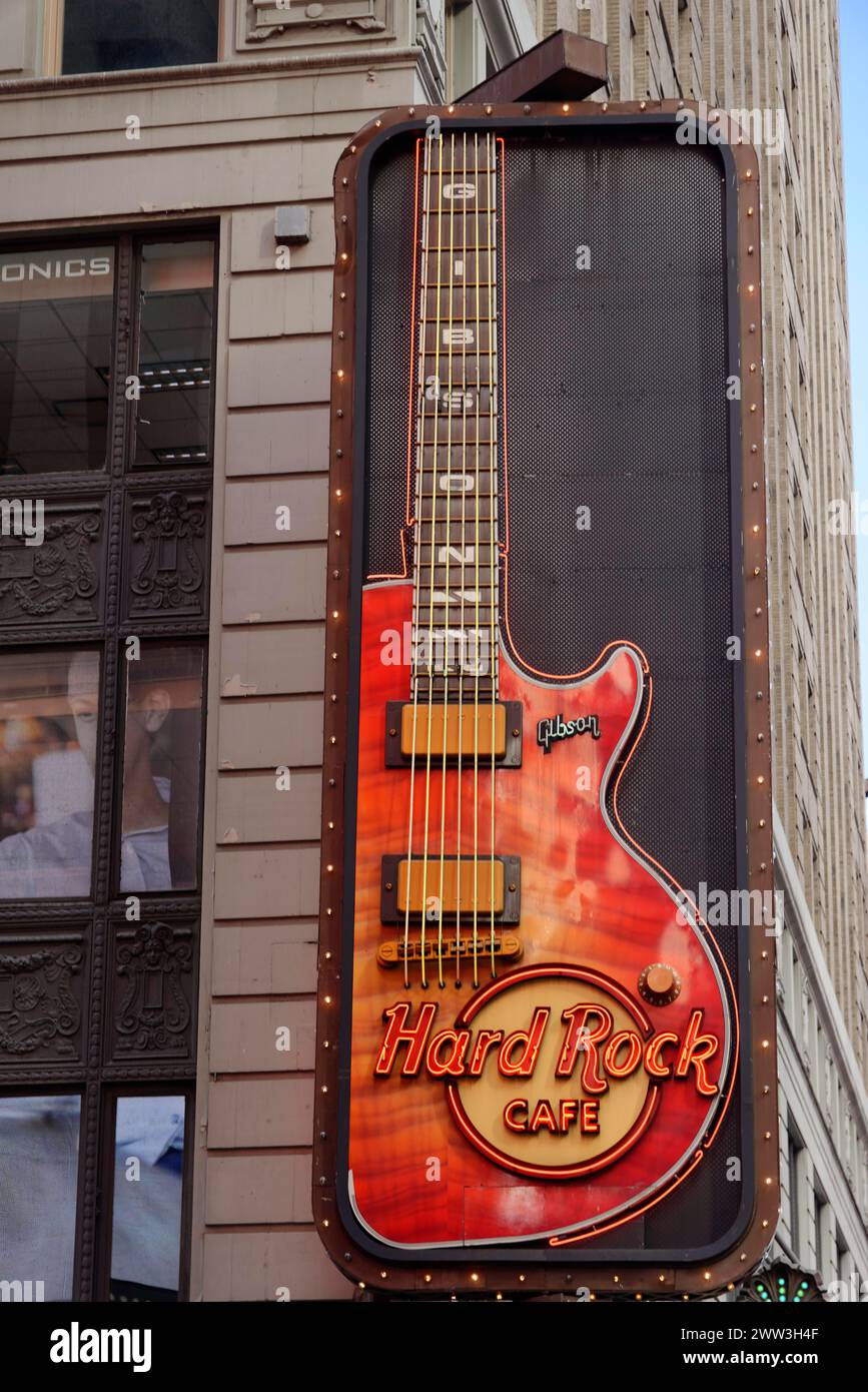 A sign in the shape of a guitar of the Hard Rock Cafe on a building, Manhattan, New York City, New York, USA, North America Stock Photo