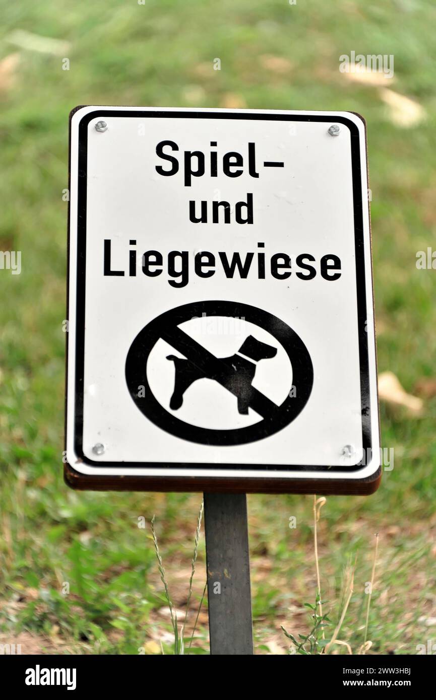 A sign showing the prohibition of dogs on a playground and sunbathing area, Hamburg, Hanseatic City of Hamburg, Germany Stock Photo