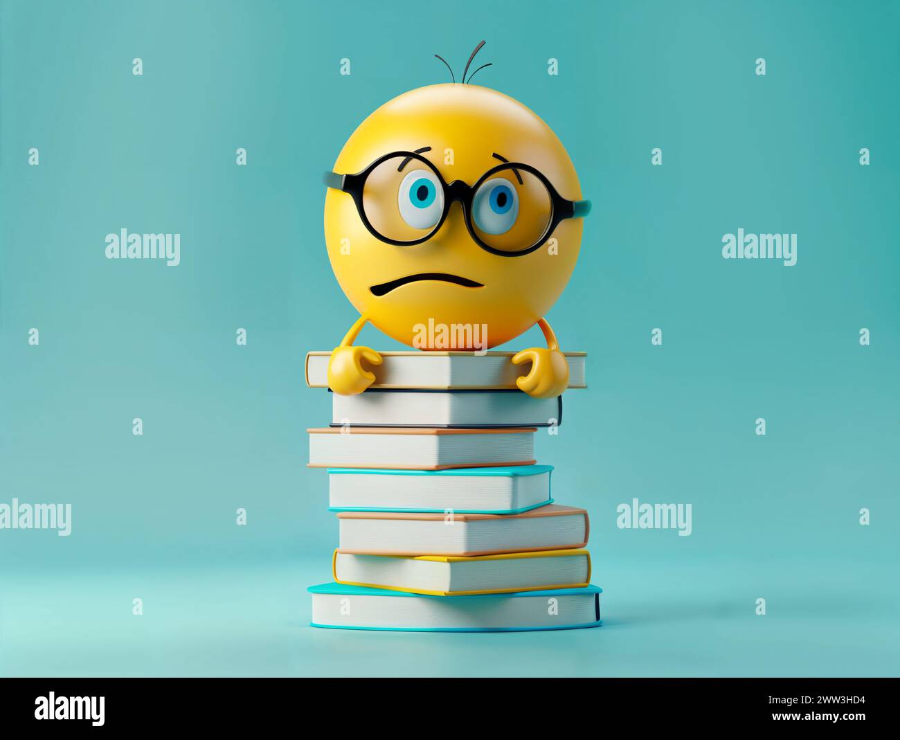 3d emoji on a pile of books emoticon symbol icon on blue background ...