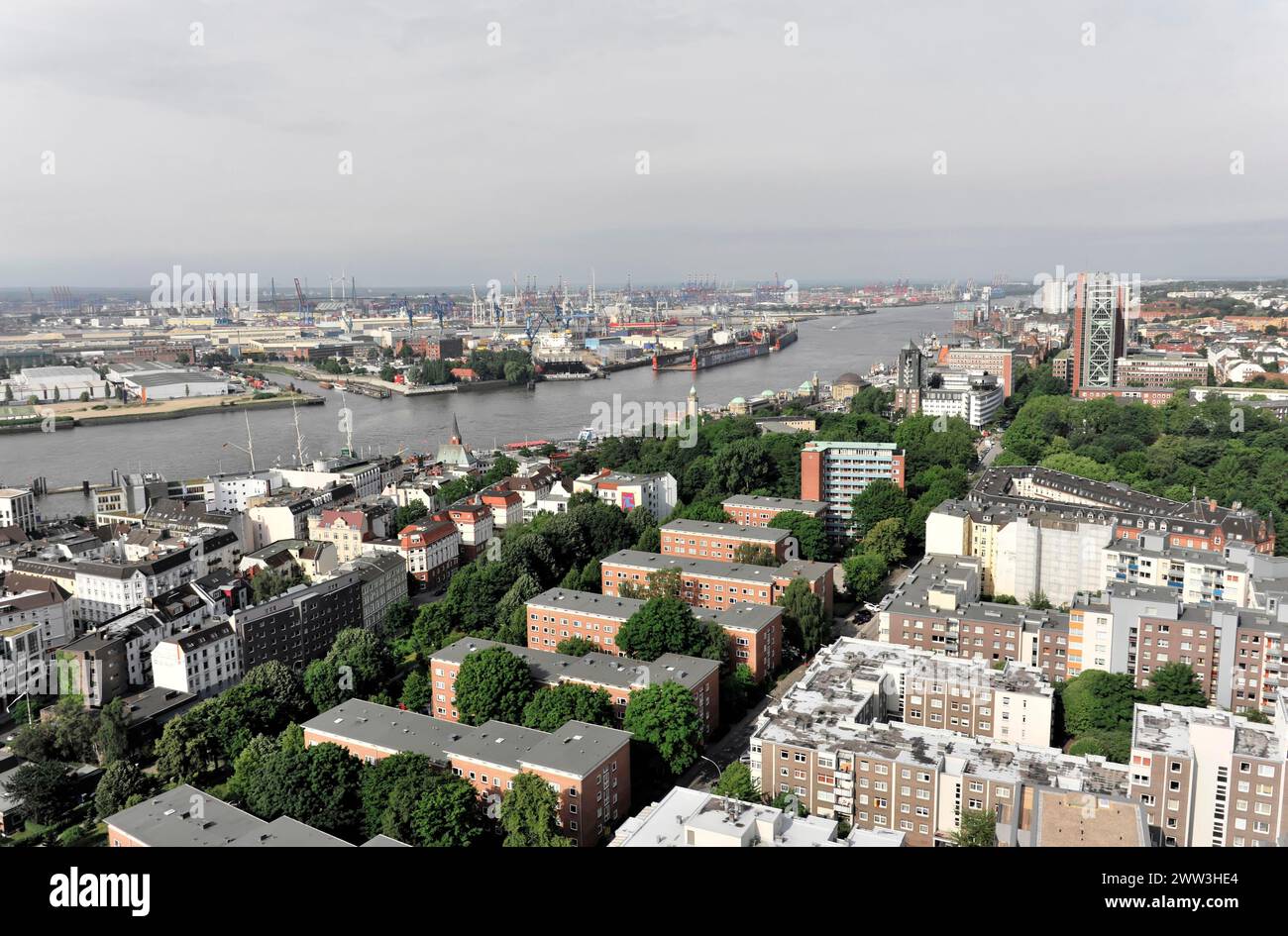Panoramic view of a city on the water with harbour and ships, Hamburg, Hanseatic City of Hamburg, Germany Stock Photo
