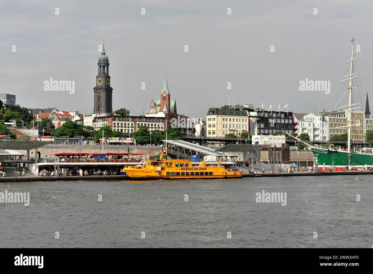 Hamburg harbour view with ships and clock tower by day, Hamburg, Hanseatic City of Hamburg, Germany Stock Photo