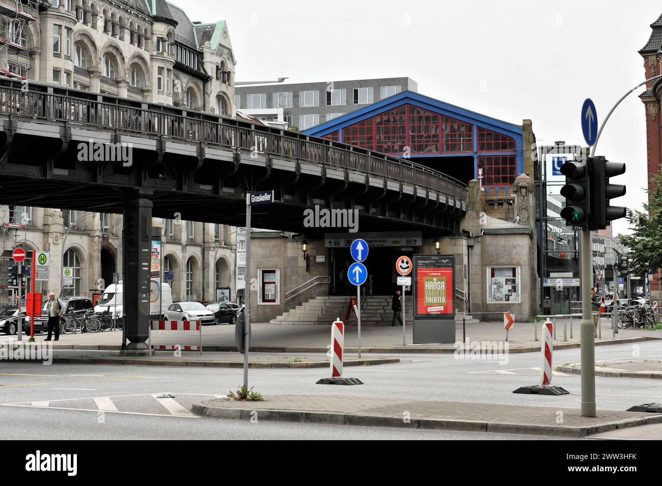 View of a road junction with an elevated railway and an underground station, Hamburg, Hanseatic City of Hamburg, Germany Stock Photo