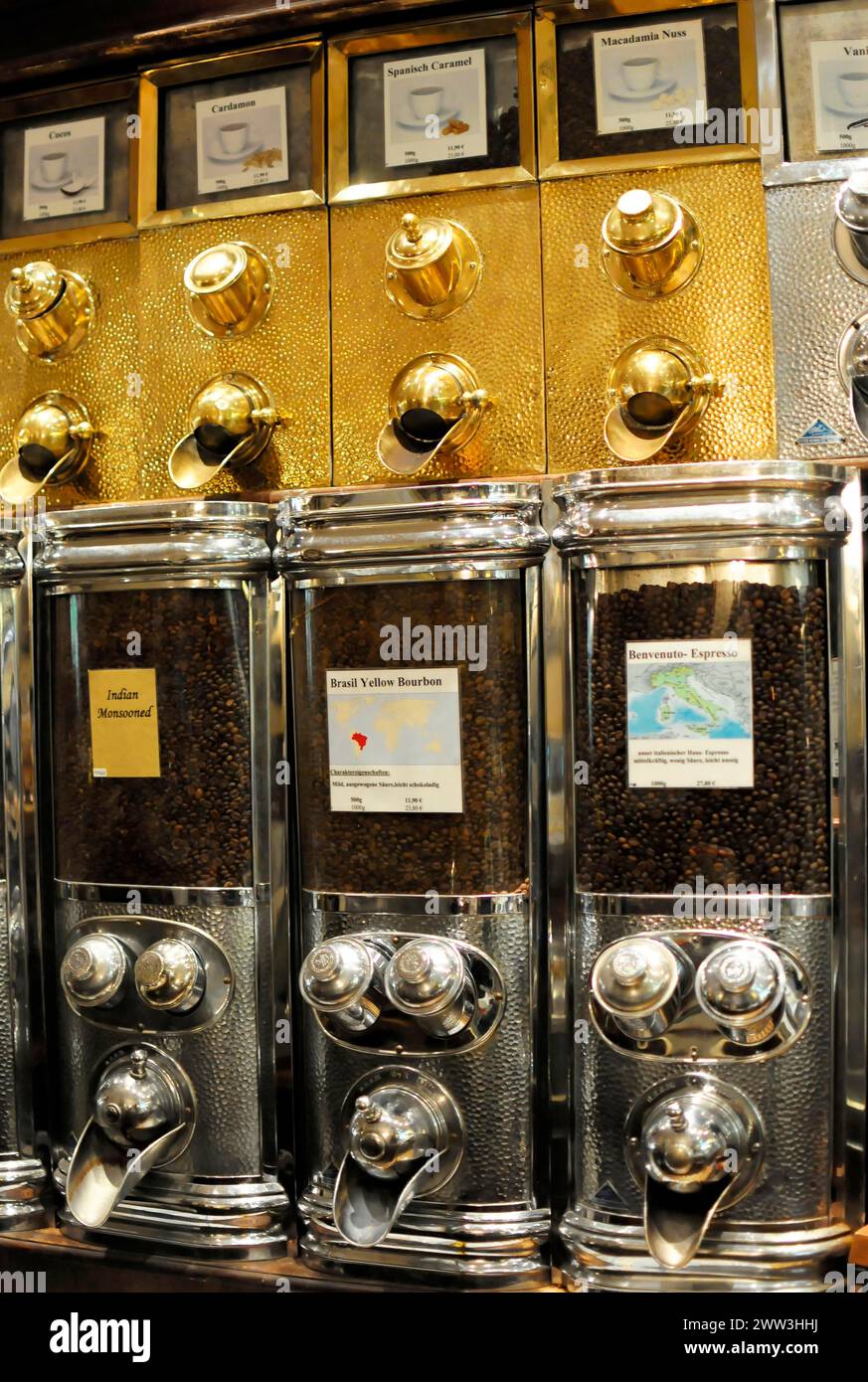 Coffee, series of coffee dispensers with different types of beans and labels, Hamburg, Hanseatic City of Hamburg, Germany Stock Photo
