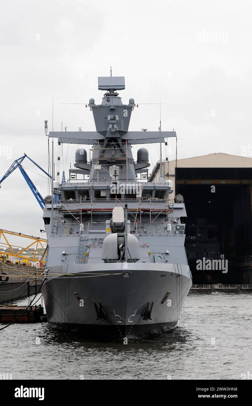 Grey military ship in the harbour, equipped with gun turrets, Hamburg, Hanseatic City of Hamburg, Germany Stock Photo