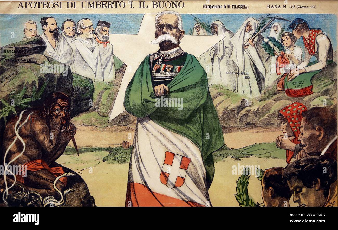 Celebration of the Risorgimento. Deification of Umberto I after his regicide. Lithography by M. Fracchia, 1900. Stock Photo