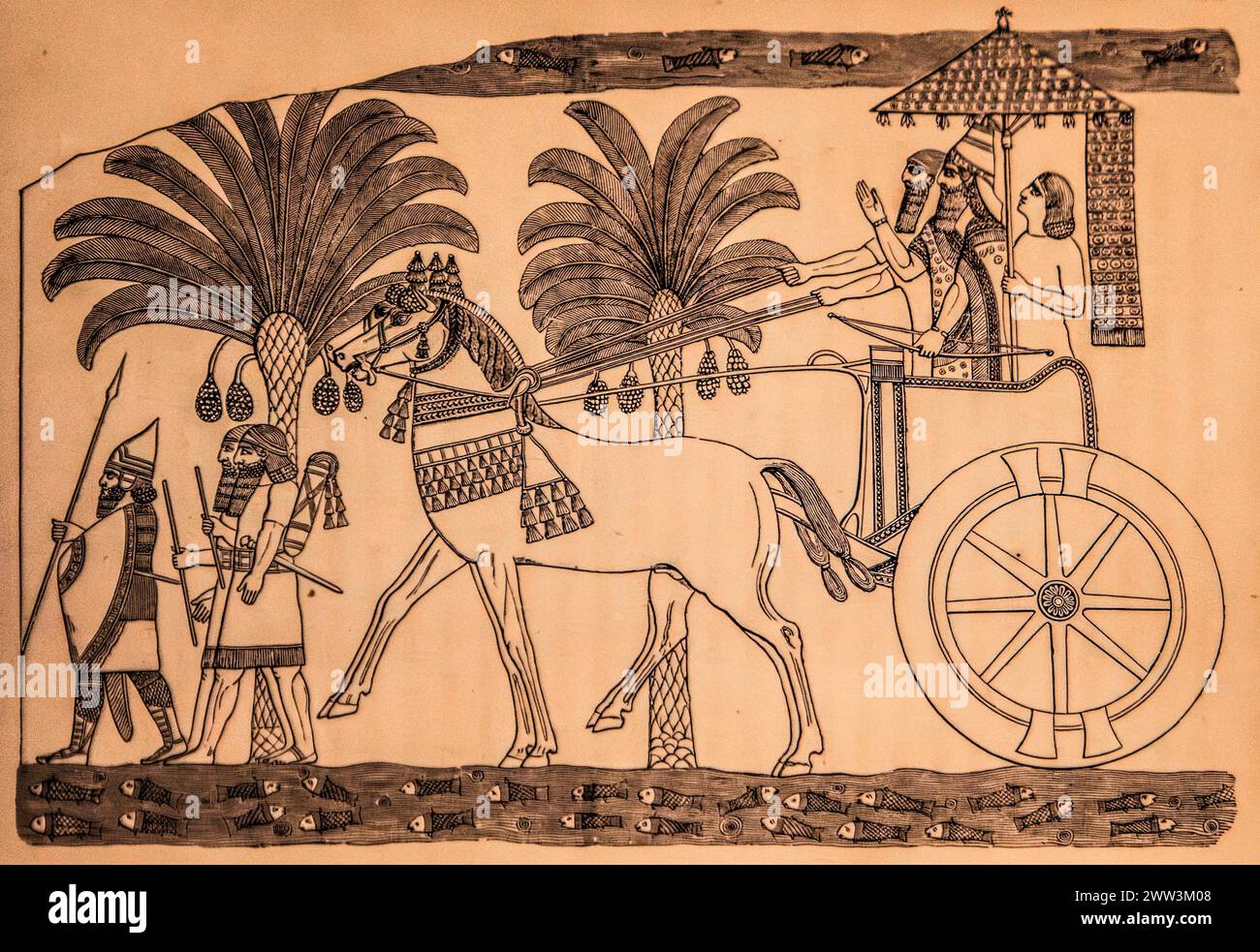 King Sennacherib returns from battle with his chariot, Archaeological Museum, Castello di Udine, seat of the State Museums, Udine, most important Stock Photo