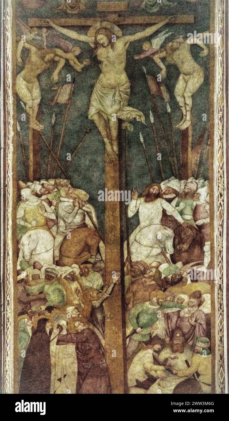 Crucifixion scene, frescoes with scenes of events from the Old and New Testament, Duomo di Santa Maria Maggiore, 13th century, historic city centre Stock Photo