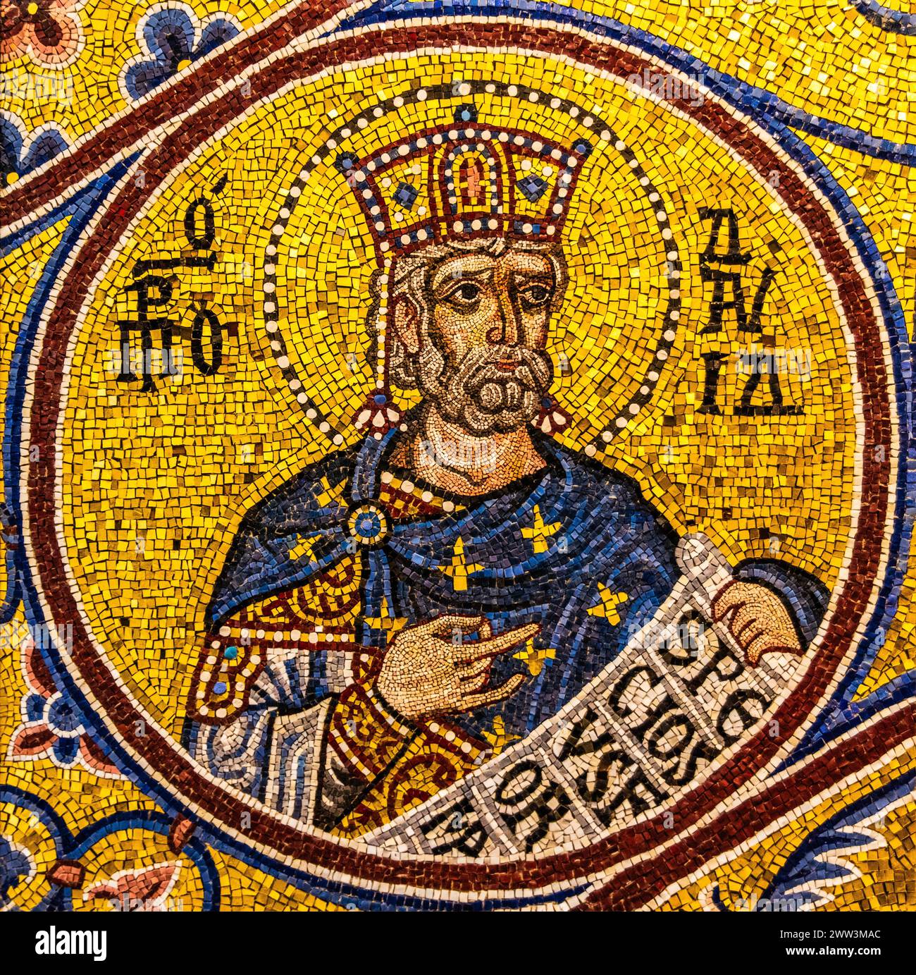 King William II, mosaic copy, Monreale Cathedral, Palermo, mosaic school producing mosaic masters, Spilimbergo, city of mosaic art, Friuli, Italy Stock Photo