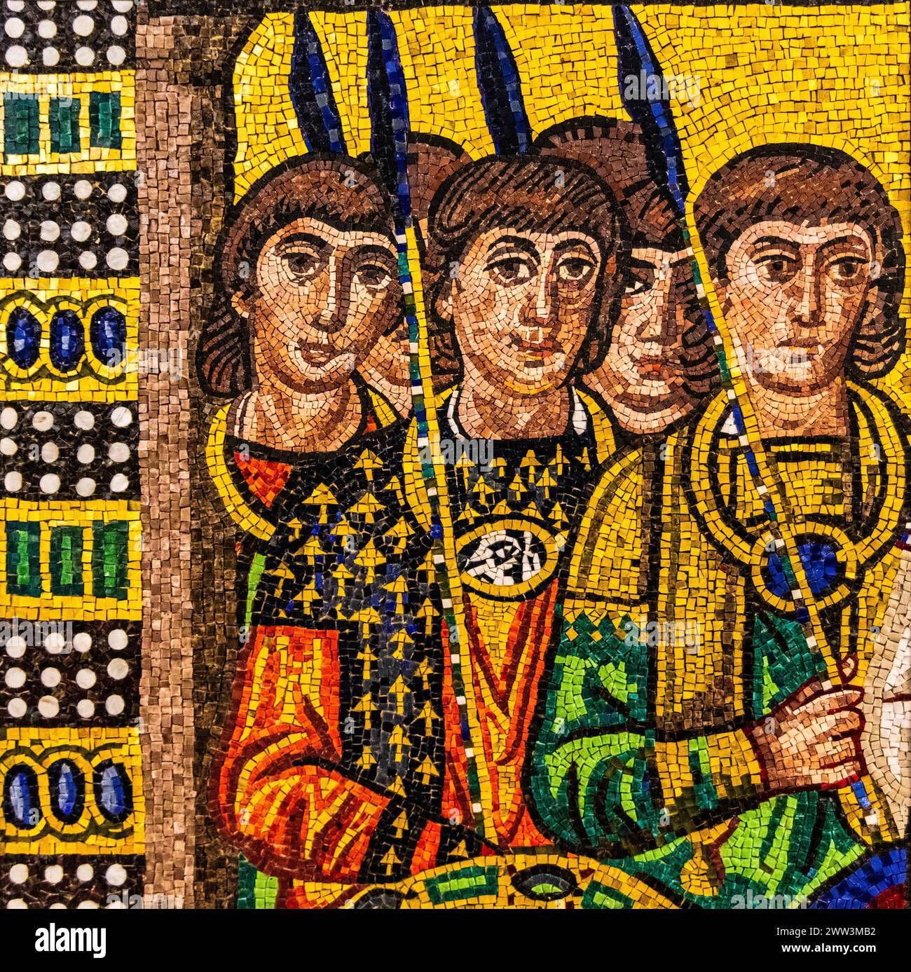 Parade of Justitian, mosaic copy, Basilica of San Vitale, Ravenna, 6th century, mosaic school producing mosaic masters, Spilimbergo, city of mosaic Stock Photo