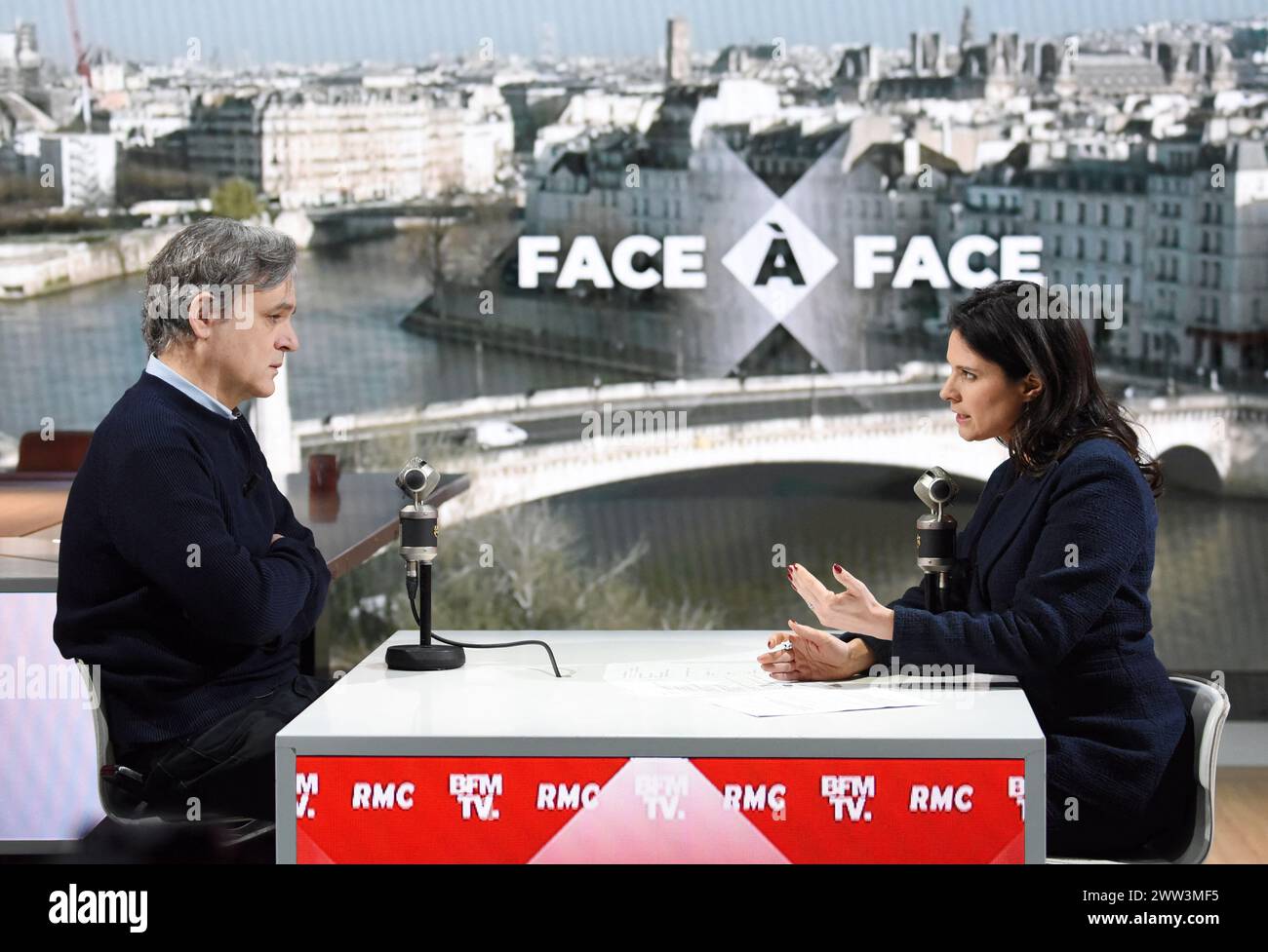 Paris, France. 21st Mar, 2024. Charlie Hebdo director Laurent Sourisseau, know as Riss, is interviewed by Apolline de Malherbe on RMC/BFMTV in Paris, France on March 21, 2024 On January 7, 2015 Sourisseau was shot and wounded in the shoulder during the terrorist attack on the Charlie Hebdo office. From the hospital, he drew four cartoons for the issue of Charlie Hebdo released on 14 January. Riss is now the publishing director of the magazine, and he owns 70 % of the shares. Photo by Alain Apaydin/ABACAPRESS.COM Credit: Abaca Press/Alamy Live News Stock Photo