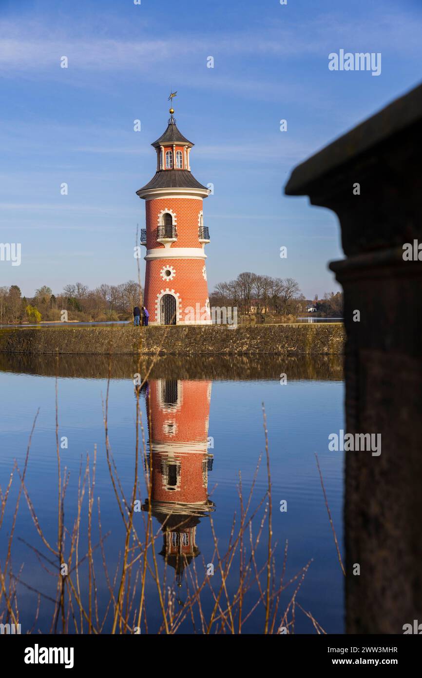 The lighthouse in Moritzburg is an inland lighthouse in Saxony. The staffage structure (folly) was built in the late 18th century as part of a Stock Photo