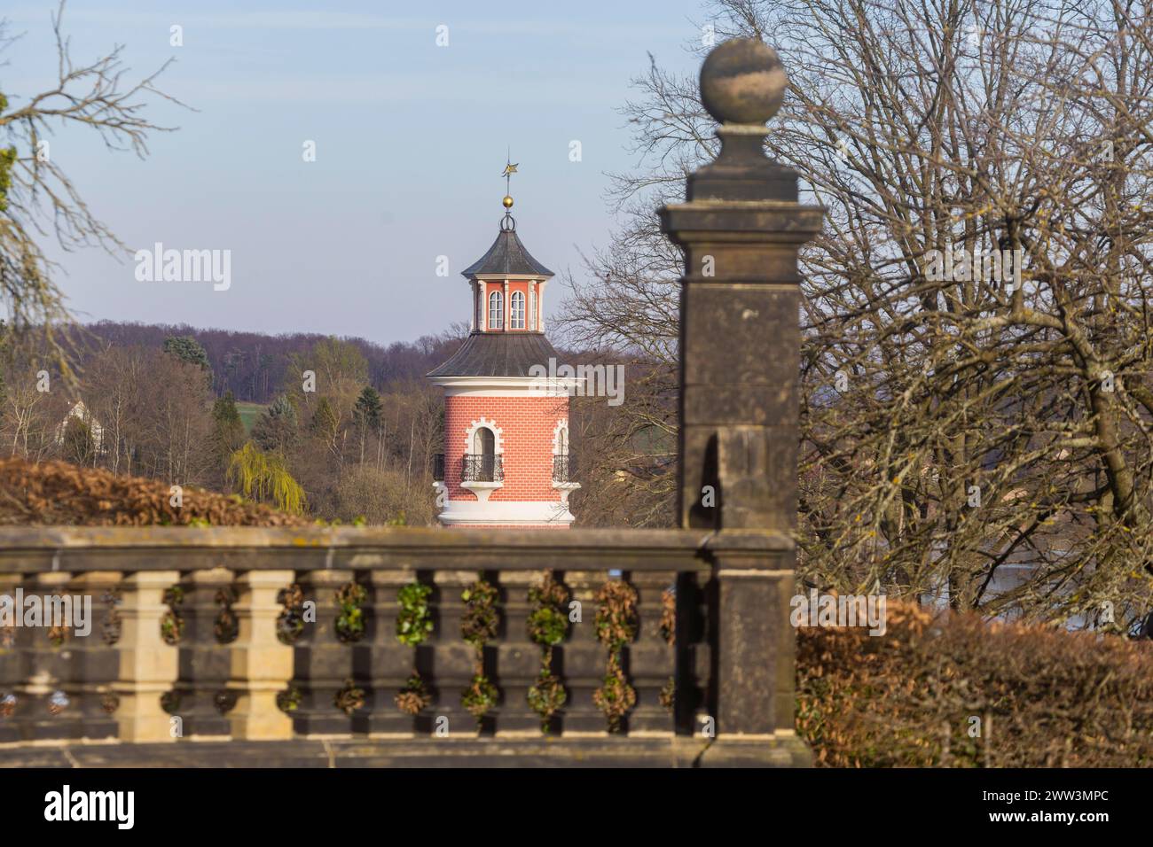 The lighthouse in Moritzburg is an inland lighthouse in Saxony. The staffage structure (folly) was built in the late 18th century as part of a Stock Photo