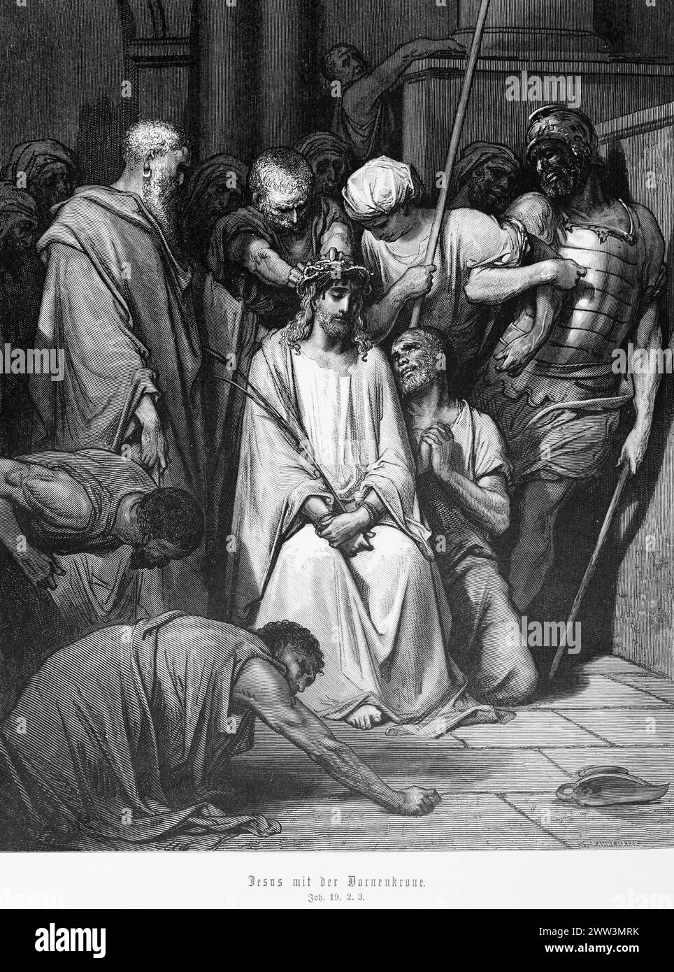 Jesus with the crown of thorns, Gospel of John, chapter 19, thorns, crown, suffering, palm branch, Pilate, soldier, cloak, New Testament, Bible Stock Photo