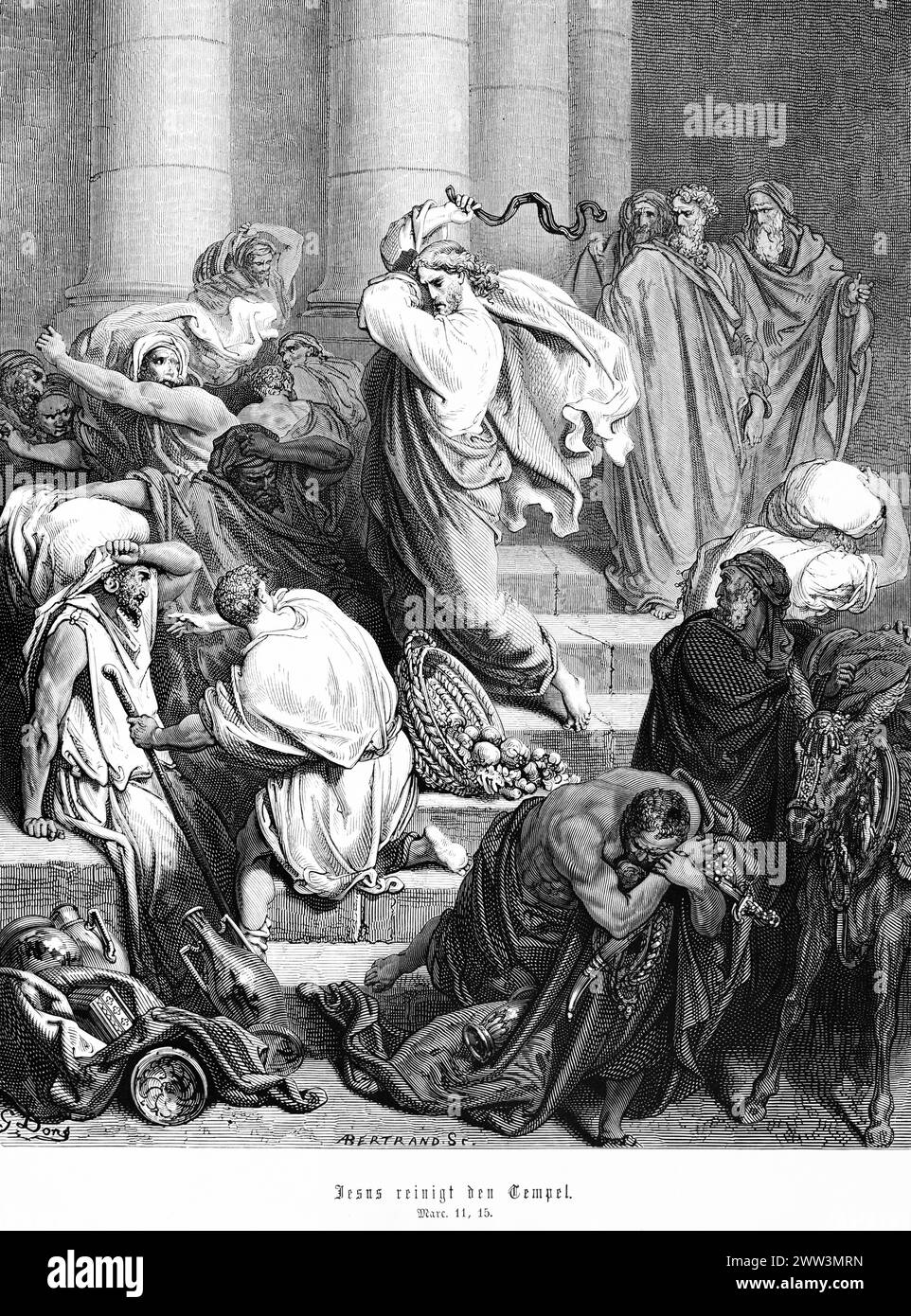 Jesus cleanses the temple, Gospel of Mark, chapter 11, beat, expel, merchant, moneychanger, temple, New Testament, Bible, historical illustration 1886 Stock Photo