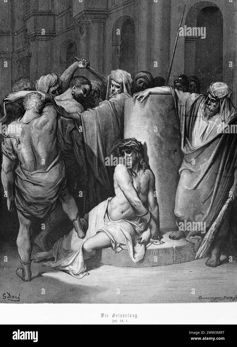 The scourging of Jesus, Gospel of John, chapter 19, Pilate, thorns, crown, beat, scourge, agony, pain, sticks, king, Jews, New Testament, Bible Stock Photo