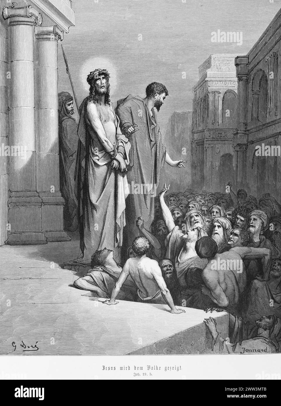 Jesus is shown to the people, Gospel of John, chapter 19, crowd, Pilate, crown of thorns, cloak, halo, city, New Testament, Bible, historical Stock Photo