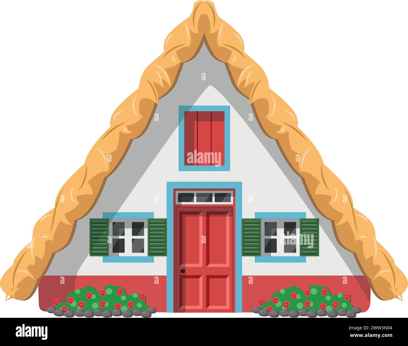 Vector illustration of a traditional Madeira thatched roof house in cartoon style isolated on white background. Traditional Houses of the World Series Stock Vector