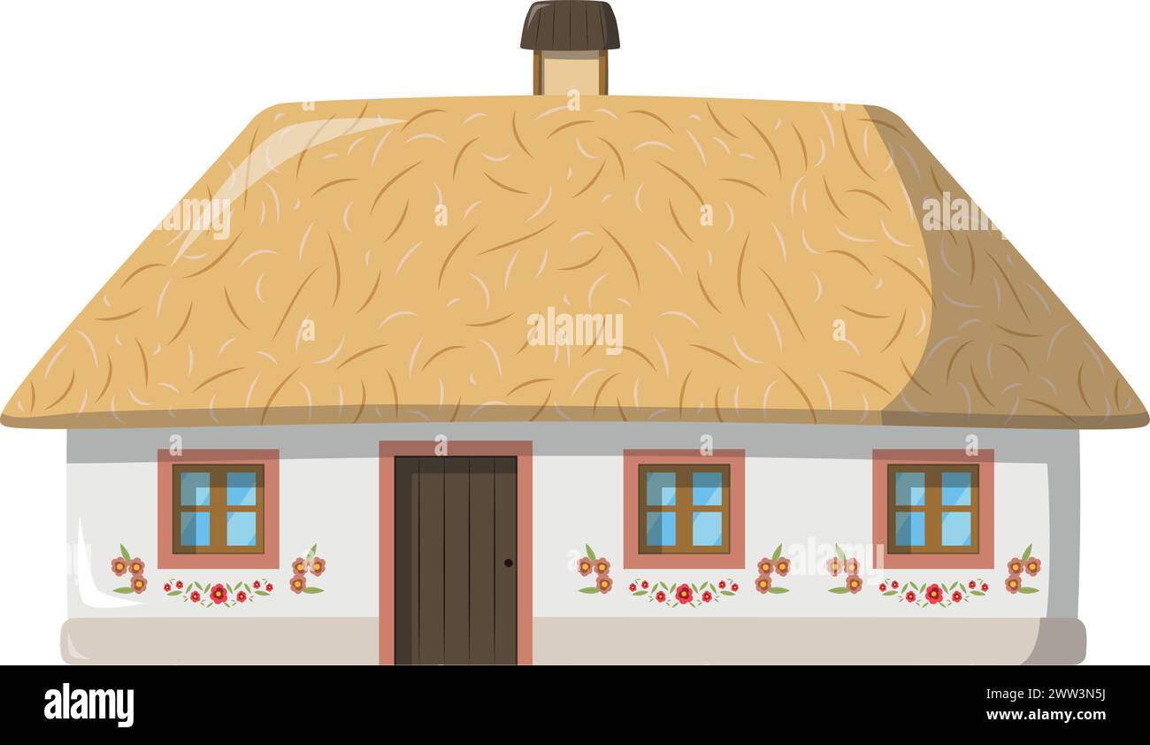 Vector illustration of a traditional Ukraine Khata house in cartoon style isolated on white background. Traditional Houses of the World Series Stock Vector