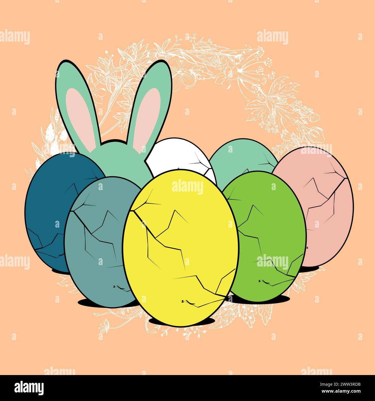 T-shirt design of multicolored Easter eggs and bunny ears on a pink background. Stock Vector
