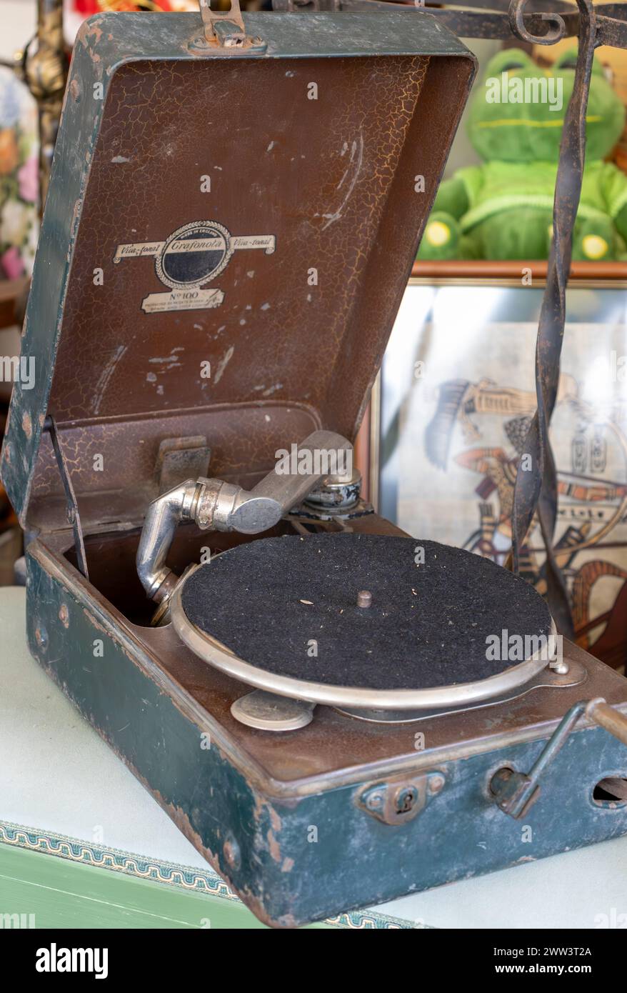 antique blue record player in antique store Stock Photo