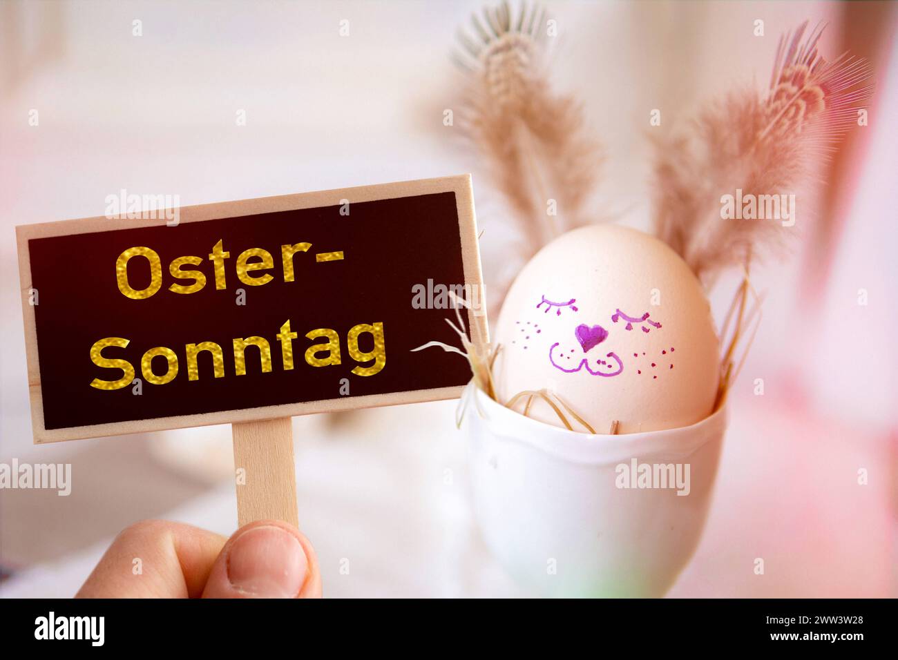 March 21, 2024: Hand holding a sign with the inscription: Easter Sunday, in front of an egg painted as an Easter bunny. PHOTOMONTAGE *** Hand hält Schild mit Aufschrift: Ostersonntag, vor ein als Osterhase bemaltes Ei. FOTOMONTAGE Stock Photo