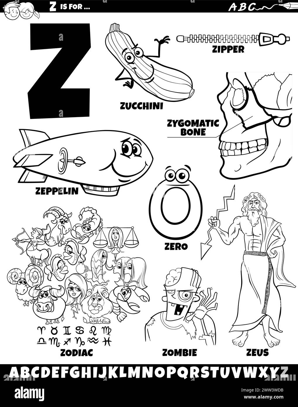 Cartoon illustration of objects and characters set for letter Z coloring page Stock Vector