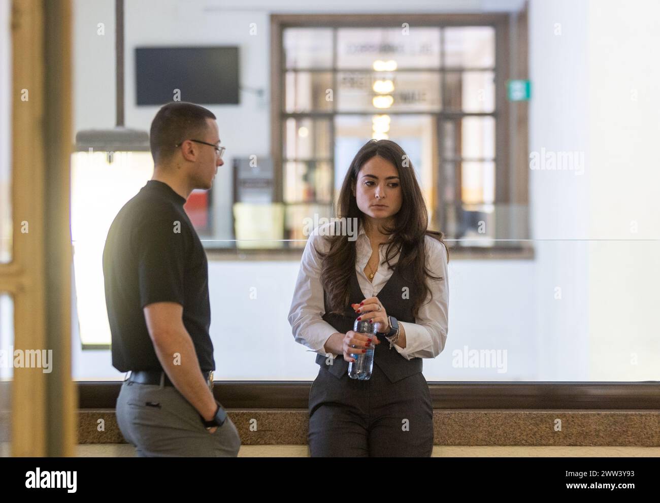 Milano, Italia. 21st Mar, 2024. Mario, il Fratello di Giulia e la sorella Chiara prima dell'Udienza del Processo ad Alessandro Impagnatiello per l'omicidio di Giulia Tramontano e del figlio Thiago a Senago - Cronaca - Milano, Italia - Giovedì, 21 Marzo 2024 (foto Stefano Porta/LaPresse) Mario, Giulia's brother and sister Chiara before Hearing of the trial of Alessandro Impagnatiello for the murder of Giulia Tramontano and her son Thiago in Senago - News - Milano, Italy - Thursday, March 21, 2024 (photo Stefano Porta/LaPresse) Credit: LaPresse/Alamy Live News Stock Photo