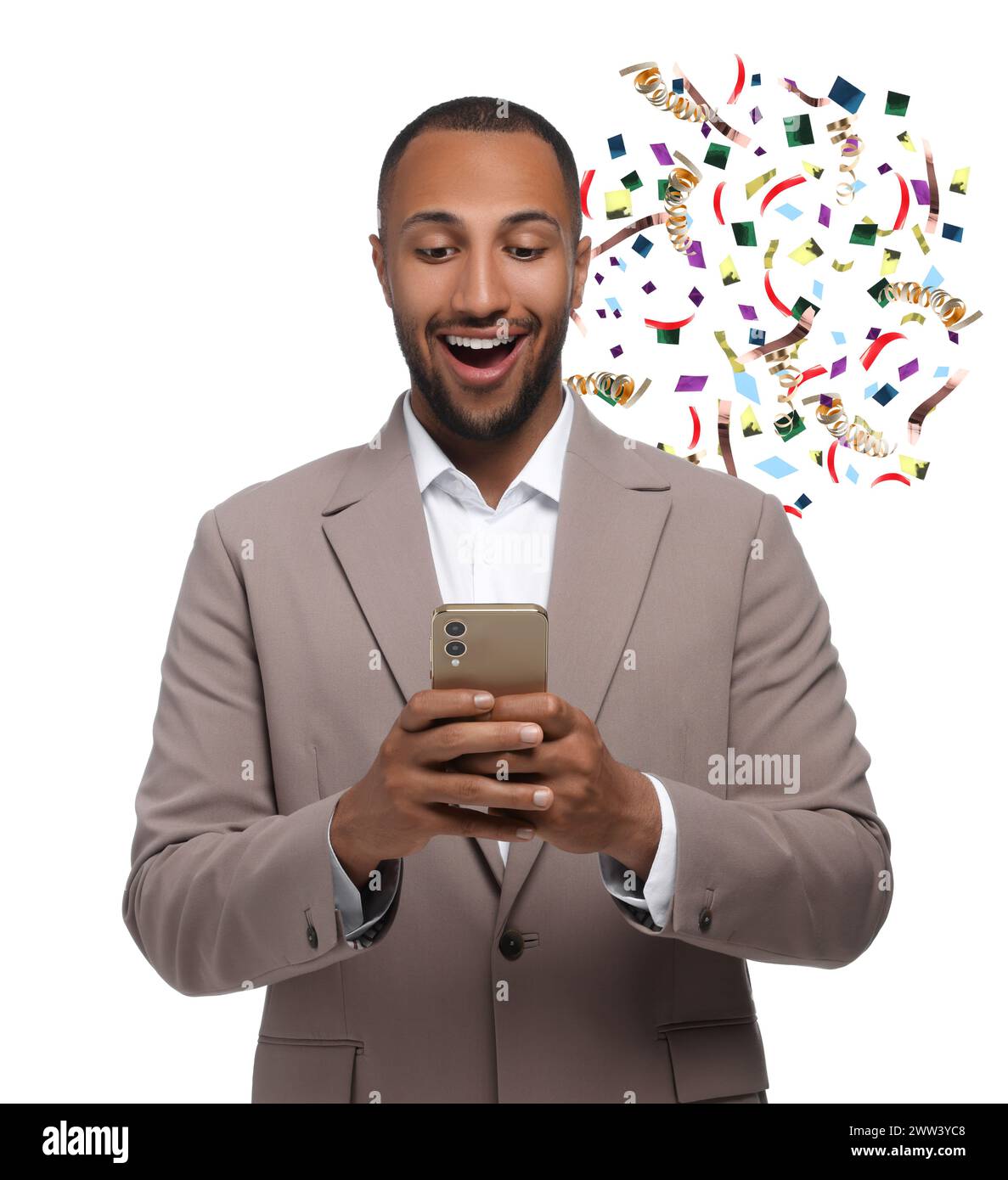 Discount offer. Happy businessman holding smartphone on white background. Confetti and streamers near him Stock Photo