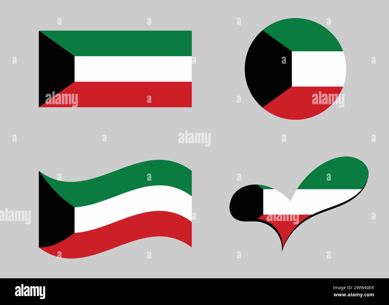 Kuwait flag. Flag of Kuwait in heart shape. Kuwait flag in circle shape ...