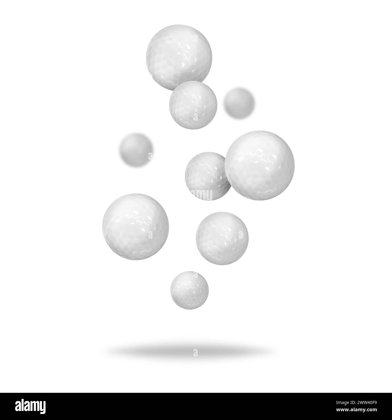 Many golf balls falling on white background Stock Photo