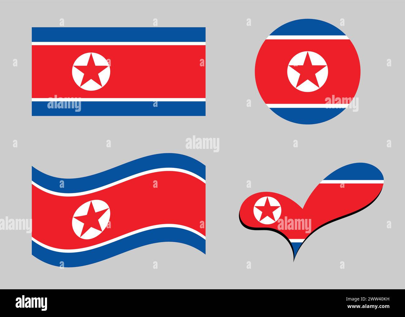 North Korea flag. Flag of North Korea in heart shape. North Korea flag in circle shape. Country flag variations. Stock Vector