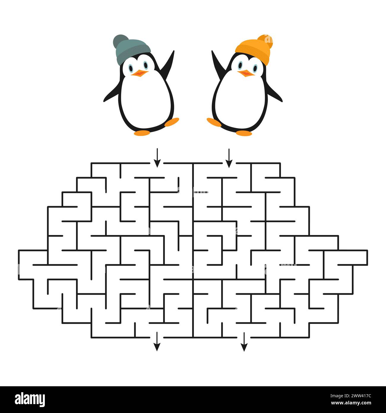 Vector game - a labyrinth for two with cute cartoon penguins for