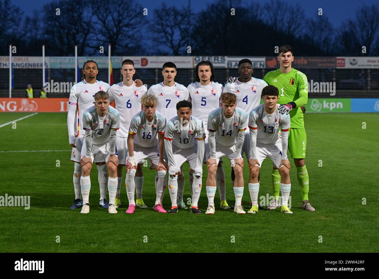 players of Belgium with Lucas Noubi (3) of Belgium, Lars Montegnies (6) of Belgium, Matias Fernandez-Pardo (7) of Belgium, Vincent Burlet (5) of Belgium, Josue Kongolo (4) of Belgium, goalkeeper Mike Penders (1) of Belgium, Kobe Corbanie (2) of Belgium, Joaquin Seys (16) of Belgium, Ayanda Sishuba (10) of Belgium, Arthur Piedfort (14) of Belgium and Kyriani Sabbe (13) of Belgium pose for a team photo during a soccer game between the national under 19 teams of France and Belgium on matchday 1 in group 2 of the UEFA Under-19 Elite round on Wednesday 20 March 2024  in Assen , The Netherlands . PH Stock Photo