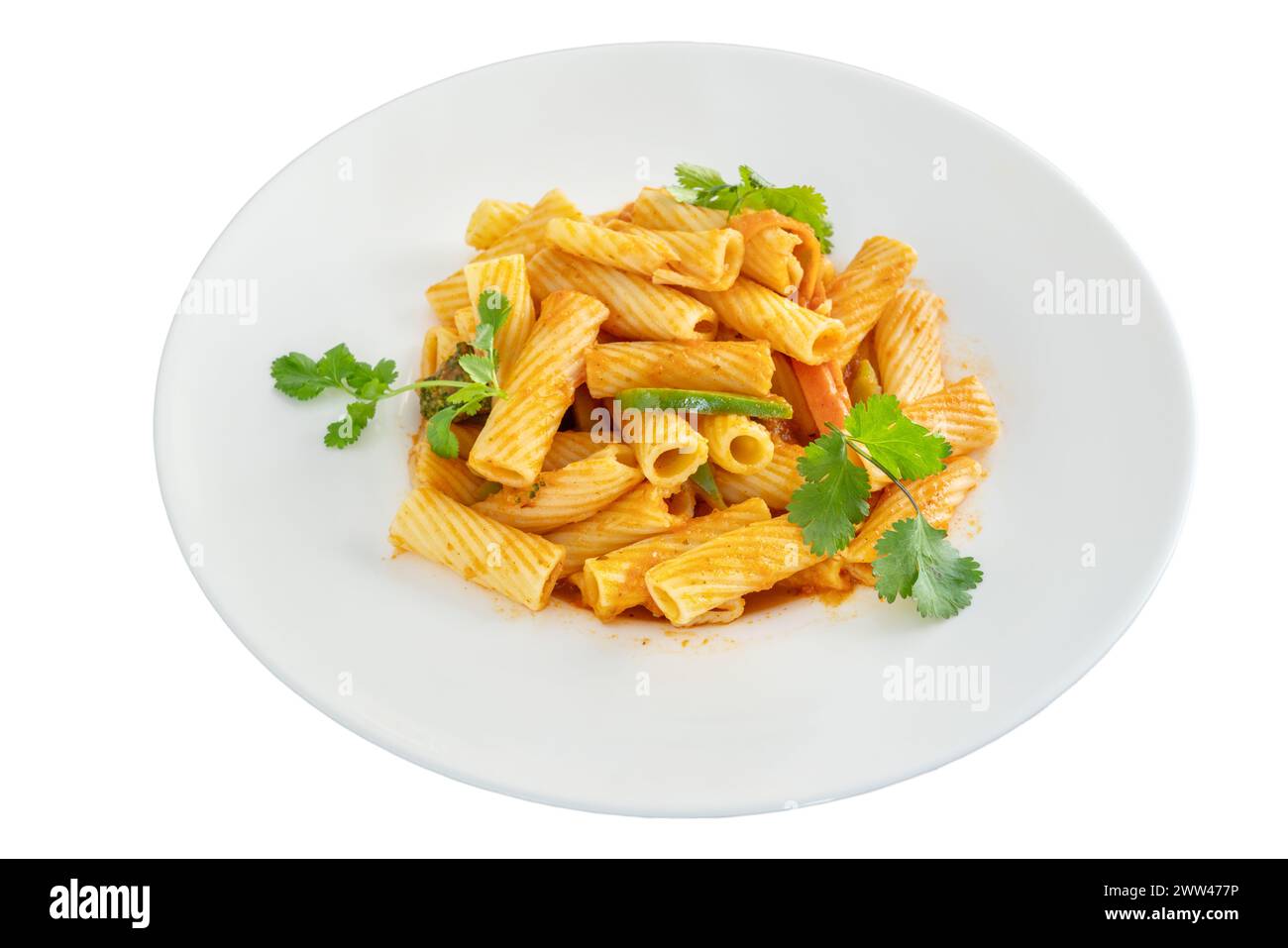 Delicious pasta dish with fresh basil on white background. Top view ...