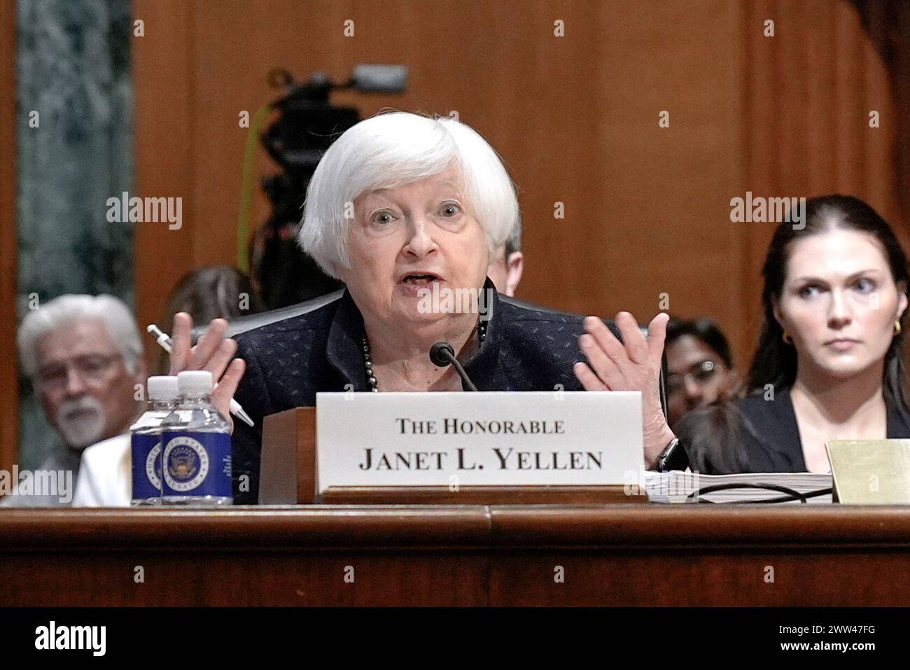 Treasury Secretary Yellen, center, testifies during a Senate