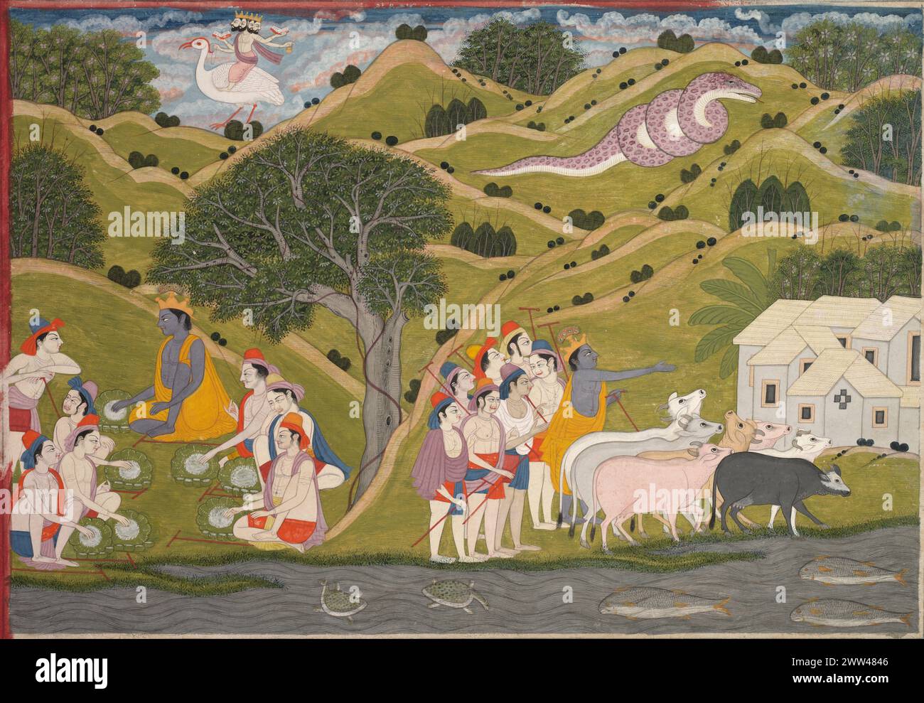 Vintage Indian Asian Art. Krishna Returns with the Cowherds to Braj, from a Bhagavata Purana, c. 1830. Northern India, Uttarakhand, Stock Photo