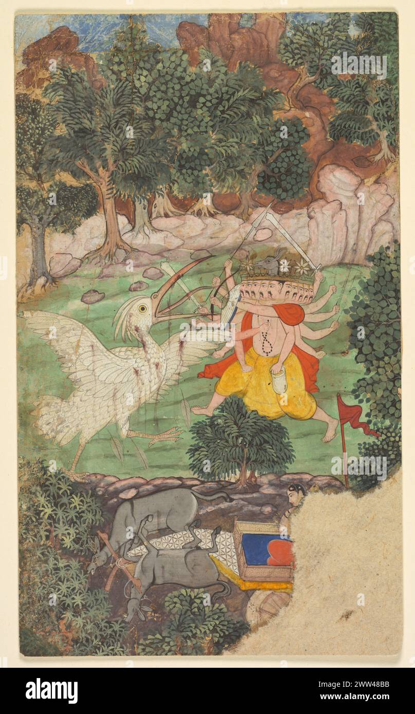 Vintage Asian Art. Battle of Ravana and Jatayu, from Chapters 50 and 51 of the Aranya Kanda (Book of the Forest) of Valmiki's Ramayana (Rama’s Journey); folio from the 'Burnt' Ramayana, c. 1605. Central India, Bundelkhand Region, Madhya Pradesh, Rajput Kingdom of Datia, Court of Raja Bir Singh Deo Stock Photo